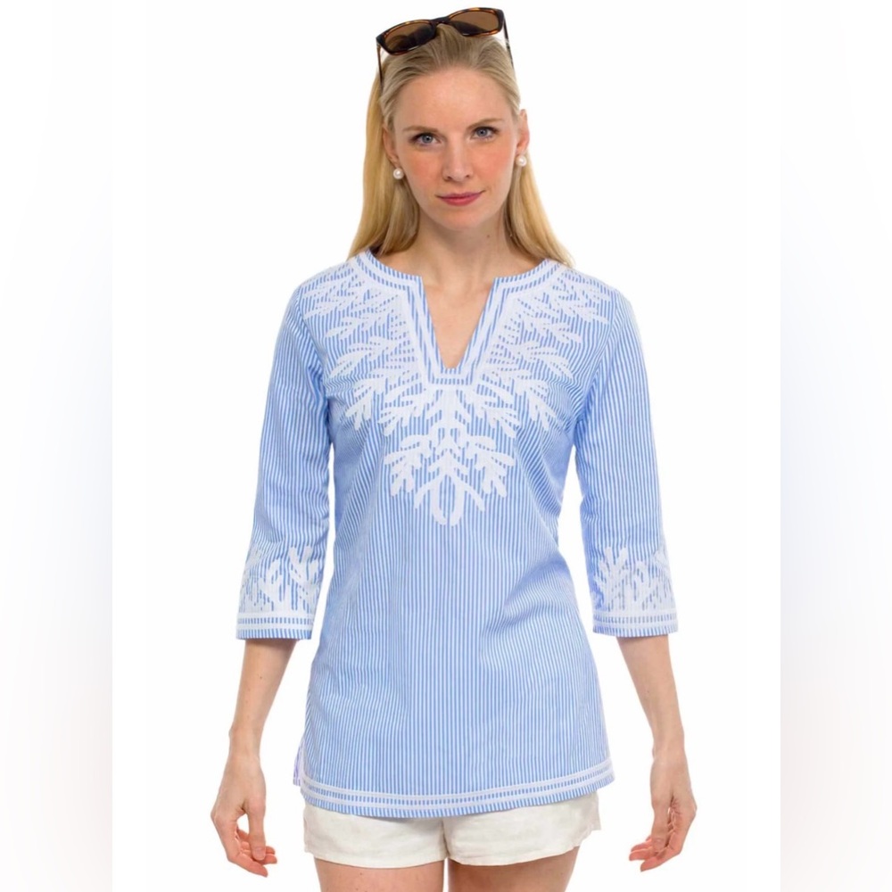 Gretchen Scott “The Reef” Embroidered Pinstripe Tunic Top Blue White XXL Goddess